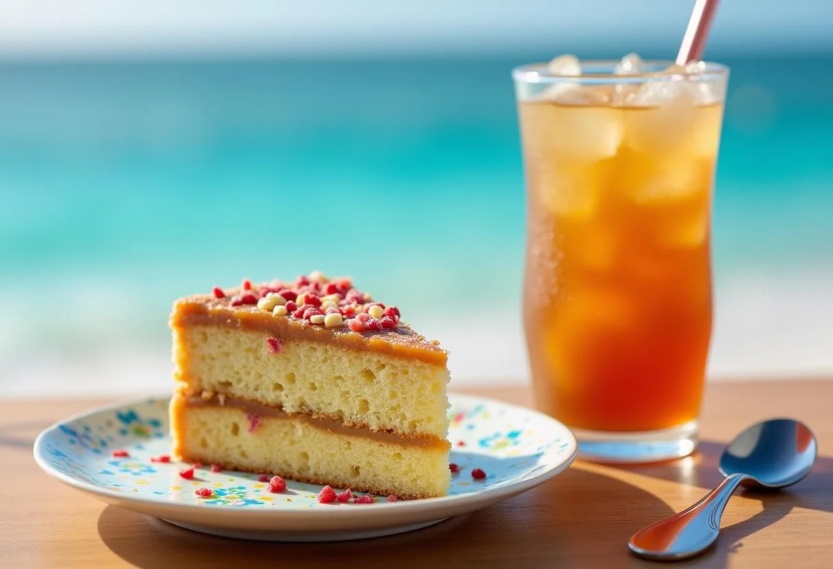 Slice of Moana Wayfinder's Island Iced Tea Cake served with iced tea amidst a vibrant beach backdrop.
