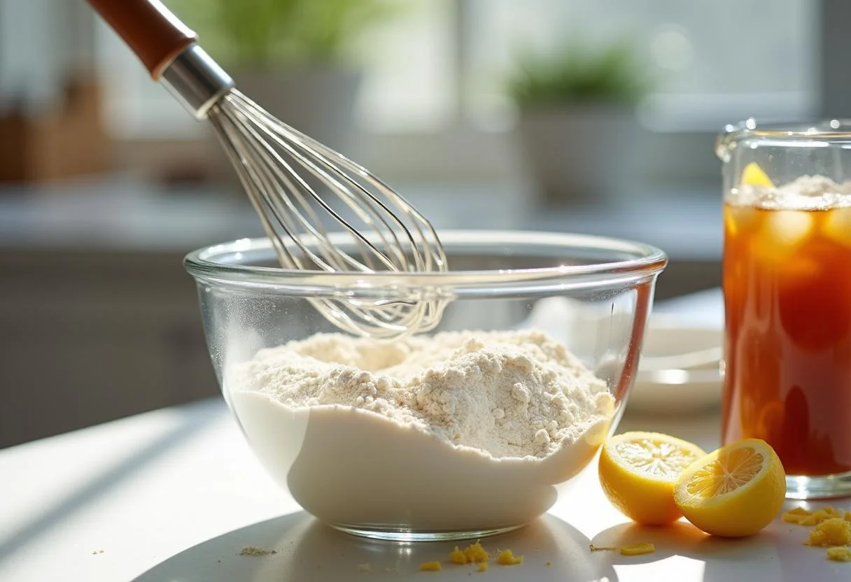 Mixing ingredients for Moana Wayfinder's Island Iced Tea Cakes with flour and iced tea in a bright kitchen.
