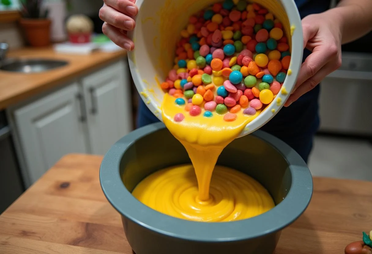 Pouring vibrant cake batter into a pan for Moana Wayfinder's Island Iced Tea Cakes in a tropical-themed kitchen.