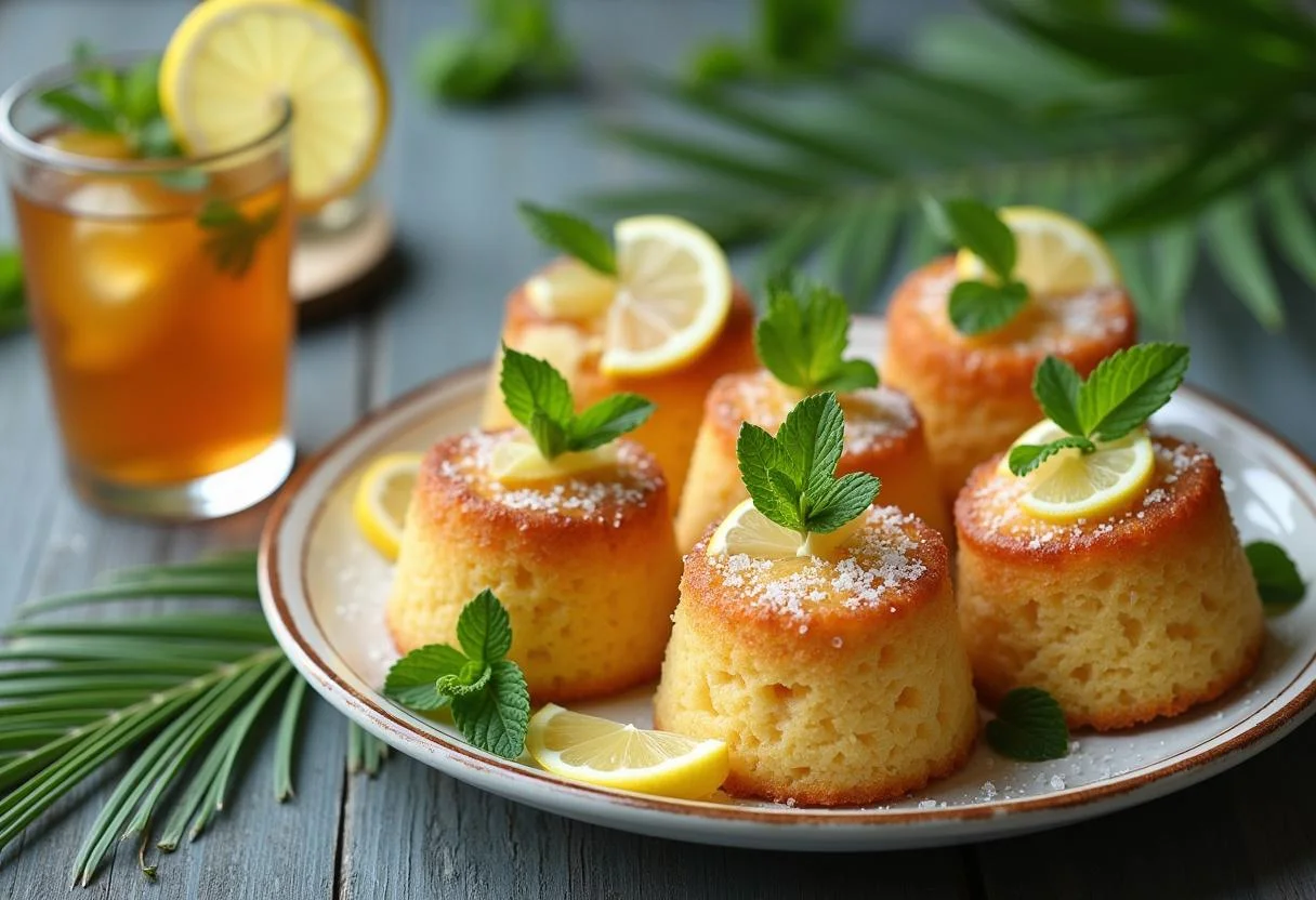 Displaying finished Moana Wayfinder's Island Iced Tea Cakes on a platter with lemon and mint garnishes in a tropical setting.
