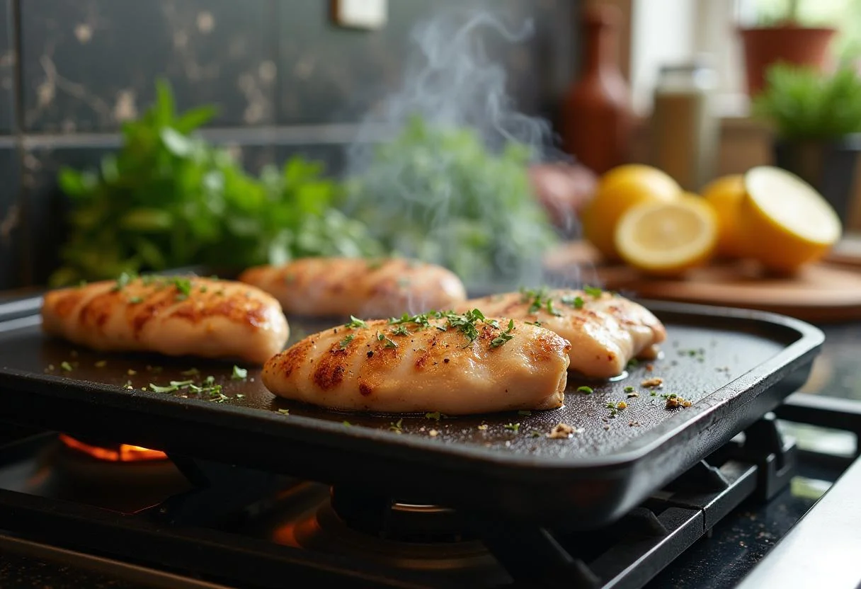 Delicious grilled chicken breast in a modern kitchen, perfect for Modern Family Claire's Control Freak Chicken Salad.