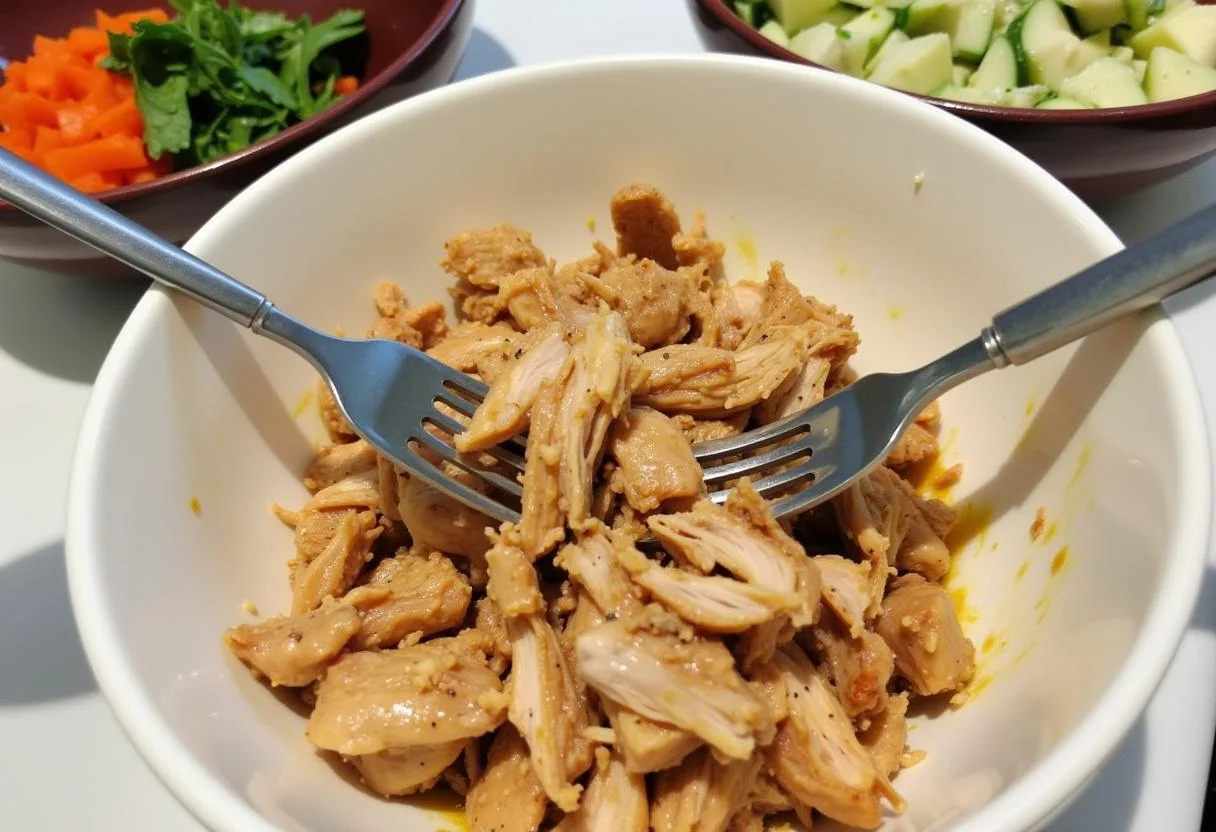 Shredded grilled chicken being prepared for Modern Family Claire's Control Freak Chicken Salad, highlighting the perfect texture.
