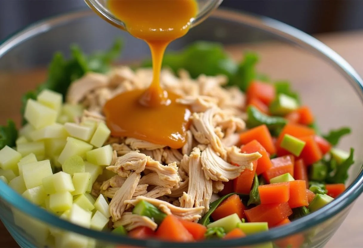 Combining ingredients for Modern Family Claire's Control Freak Chicken Salad, showcasing a colorful and appealing mix.