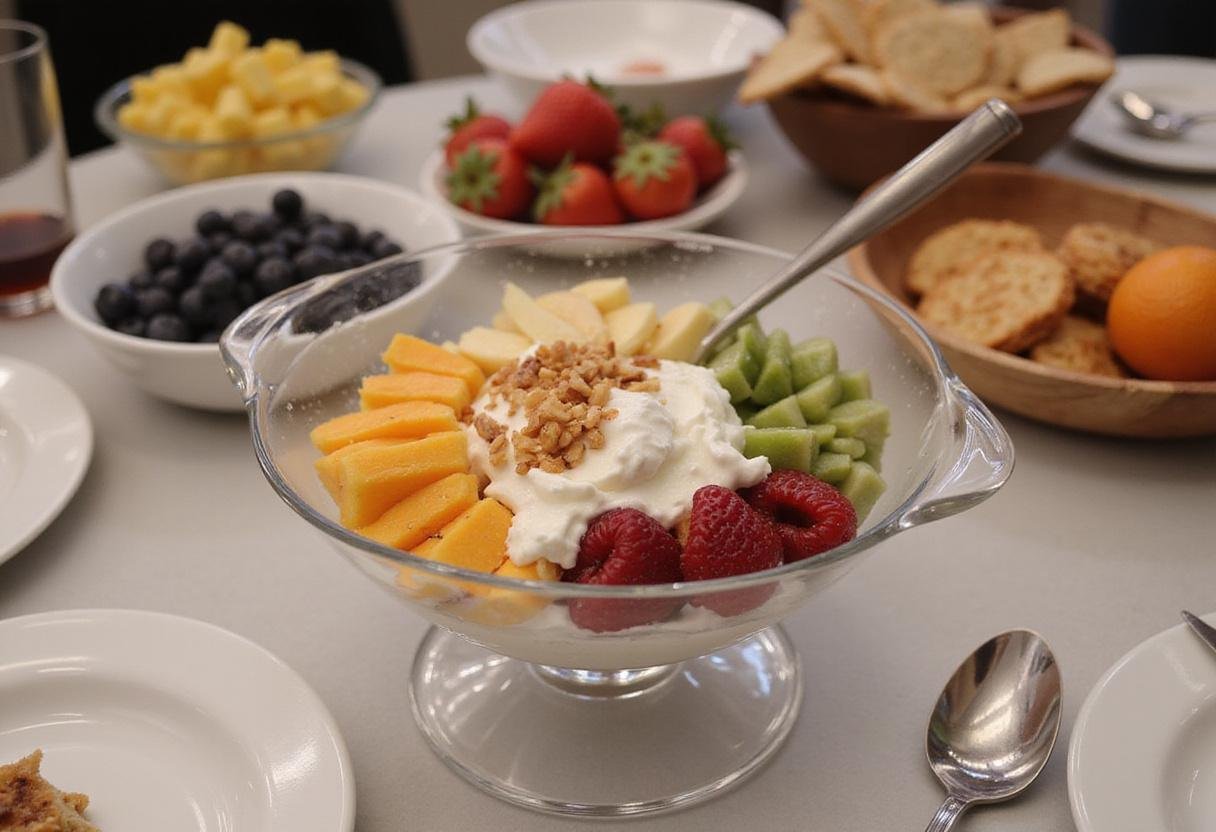 Final presentation of Modern Family Dunphy's Delightful Dessert Dip on a decorative table, inviting and ready to be served.