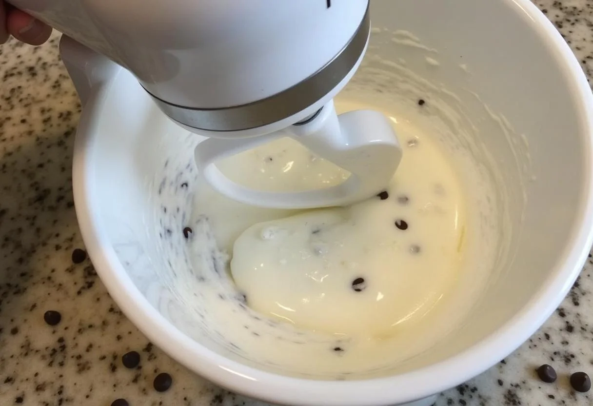 Mixing expertise in creating Modern Family Dunphy's Delightful Dessert Dip, showing yogurt and chocolate chips blending together.