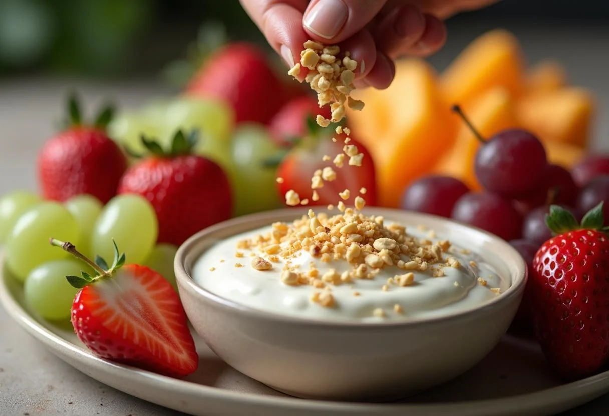 Finishing touches on Modern Family Dunphy's Delightful Dessert Dip with crushed nuts, adding texture and flavor to the presentation.