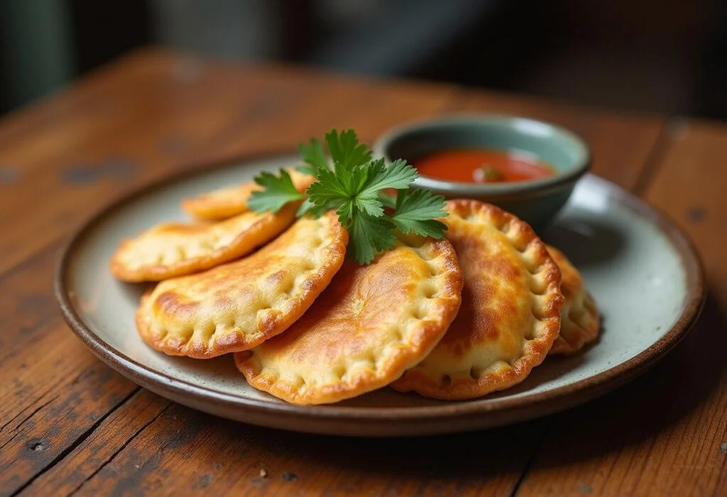 Delicious and crispy Modern Family Gloria's Spicy Colombian Empanadas displayed with vibrant salsa and fresh cilantro.