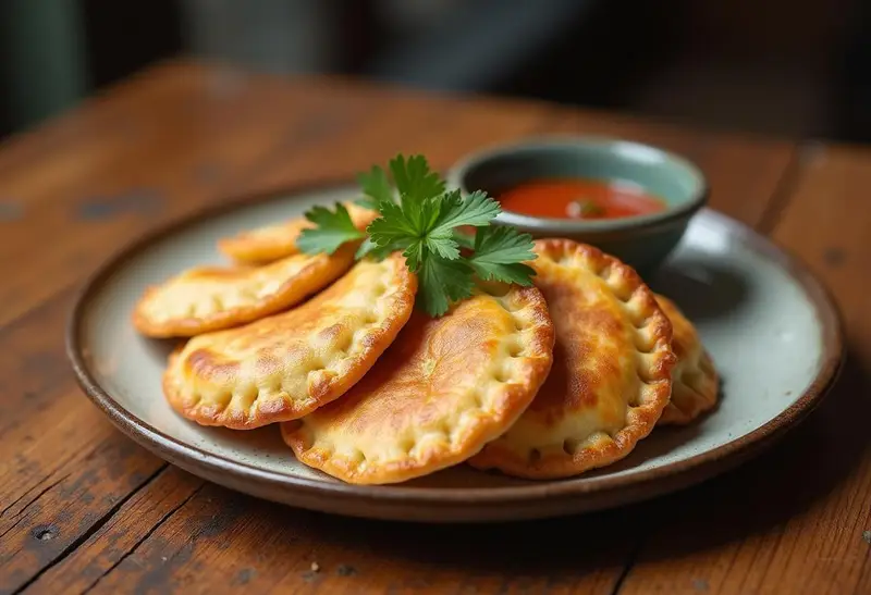 Delicious and crispy Modern Family Gloria's Spicy Colombian Empanadas displayed with vibrant salsa and fresh cilantro.