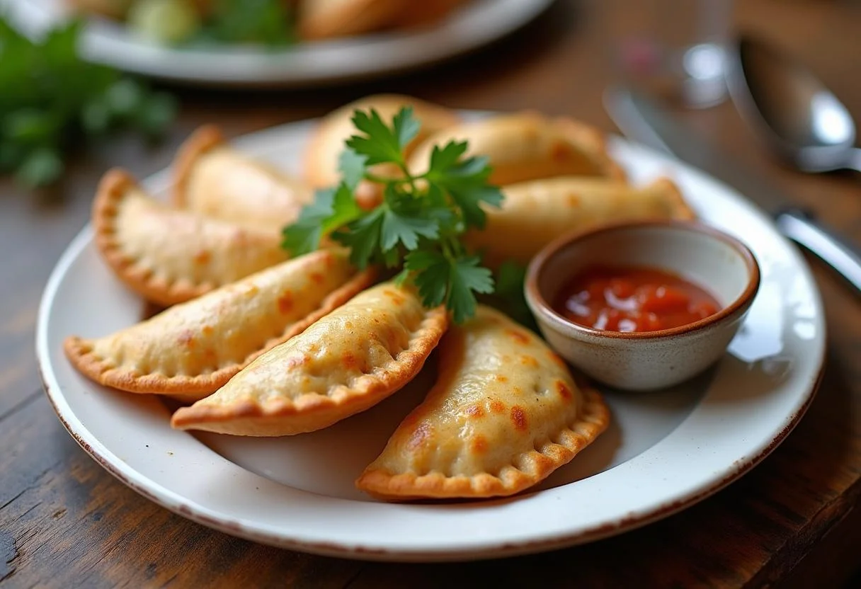 Delicious and crispy Modern Family Gloria's Spicy Colombian Empanadas displayed with vibrant salsa and fresh cilantro.