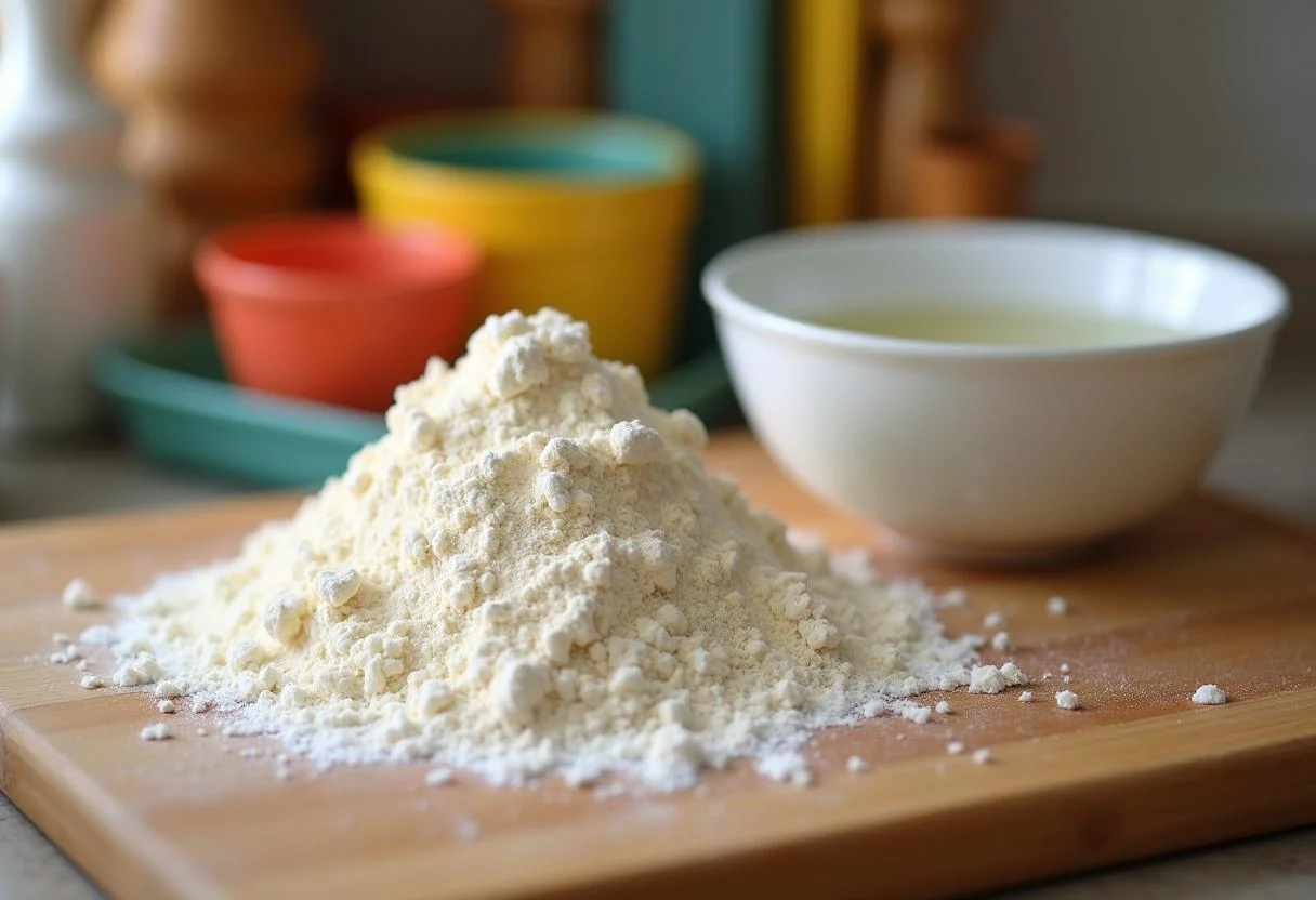 Preparing the dough for Modern Family Gloria's Spicy Colombian Empanadas, with flour and warm water set on a wooden cutting board.