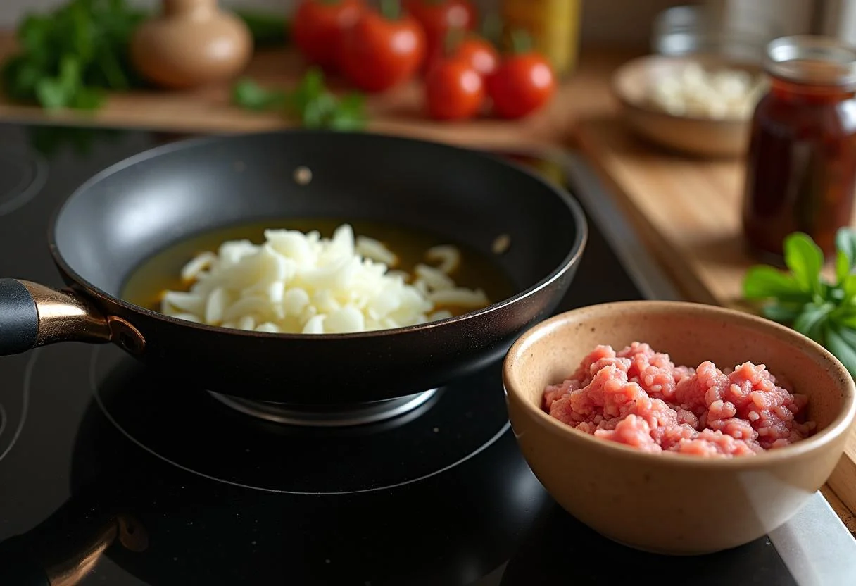 Cooking the filling for Modern Family Gloria's Spicy Colombian Empanadas with sautéed onions and ground meat in a skillet.