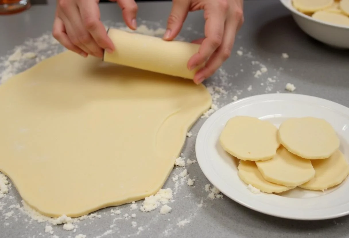 Shaping the pastry for Modern Family Gloria's Spicy Colombian Empanadas, with dough circles being cut from rolled dough.