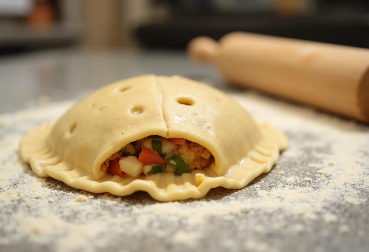 Assembling Modern Family Gloria's Spicy Colombian Empanadas by crimping the edges of a filled pastry.