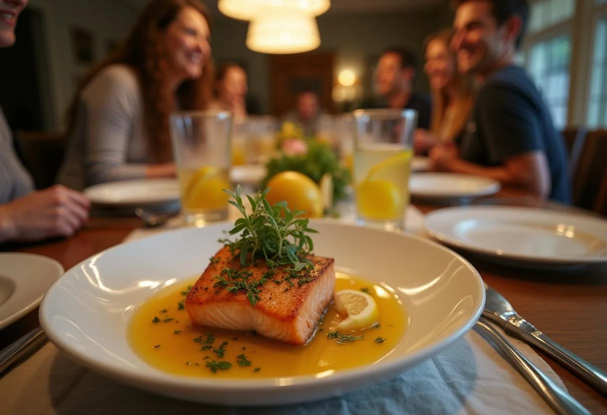 Delicious Modern Family Jay's Jay-zesty Lemon Herb Salmon served on a dining table, perfect for family gatherings.