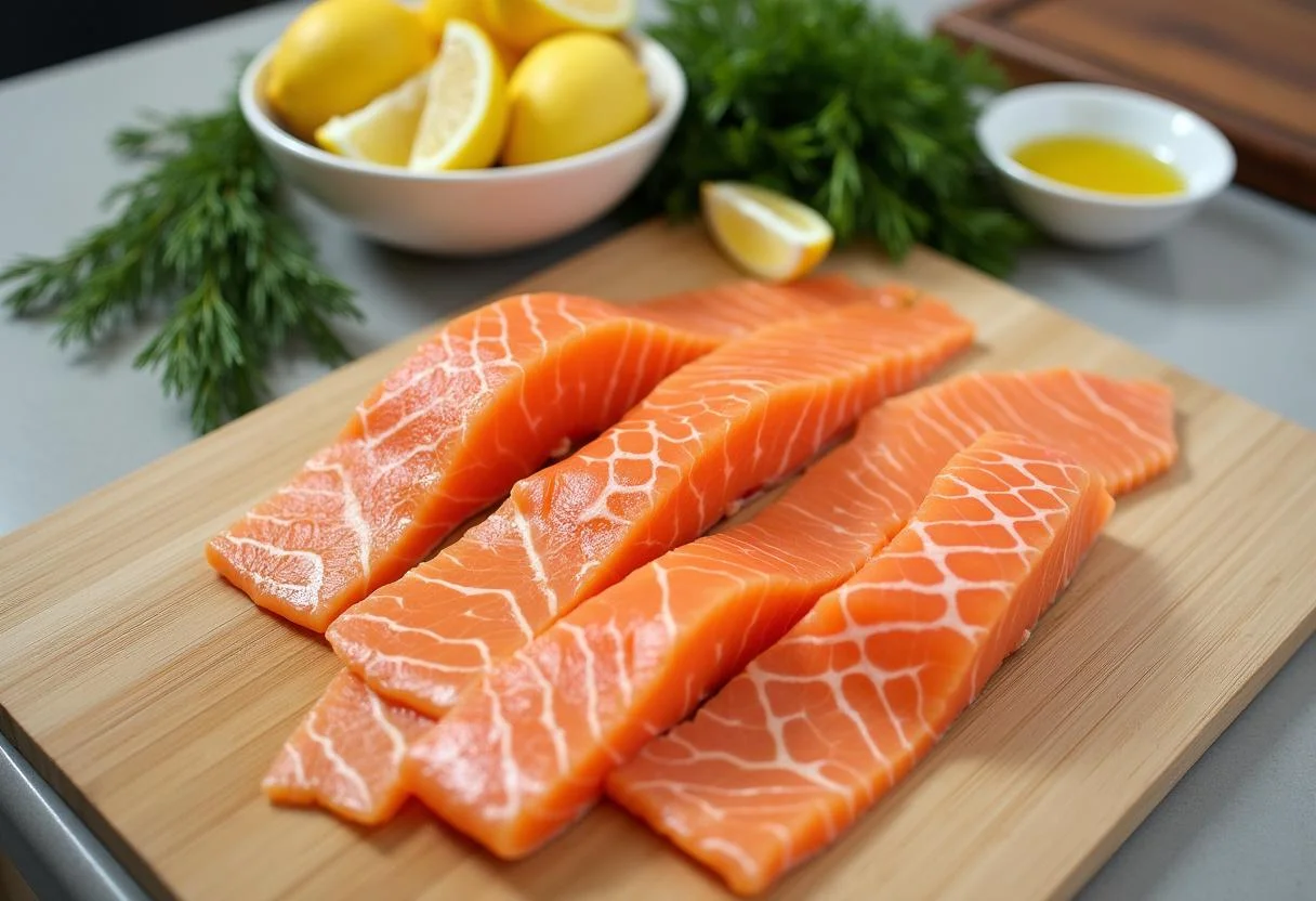 Fresh ingredients for Modern Family Jay's Jay-zesty Lemon Herb Salmon including salmon fillets, lemons, and herbs.