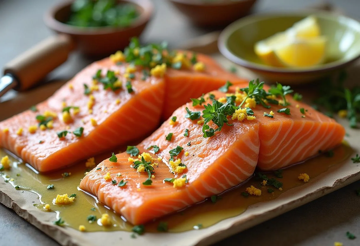 Preparing zesty salmon with olive oil, herbs, and lemon zest for Modern Family Jay's Jay-zesty Lemon Herb Salmon.