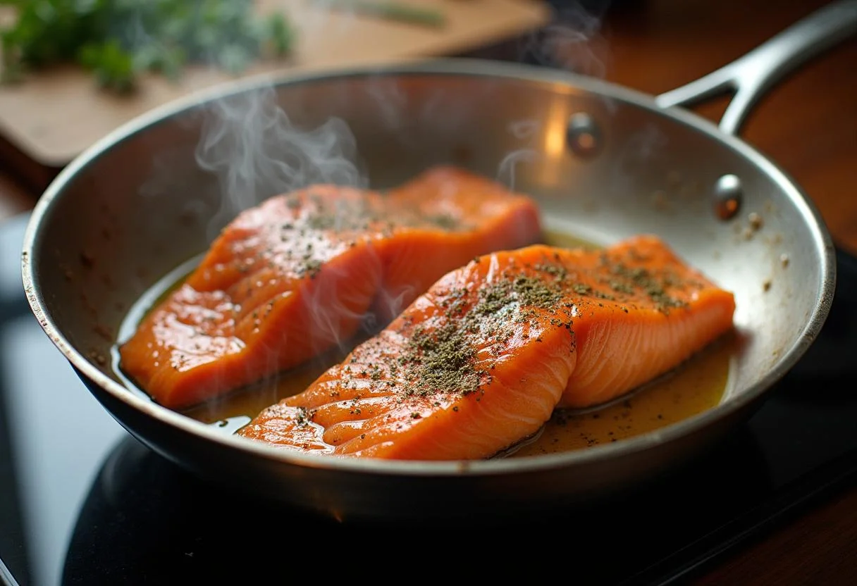 Cooking salmon fillets in a frying pan for Modern Family Jay's Jay-zesty Lemon Herb Salmon with a crispy golden-brown finish.