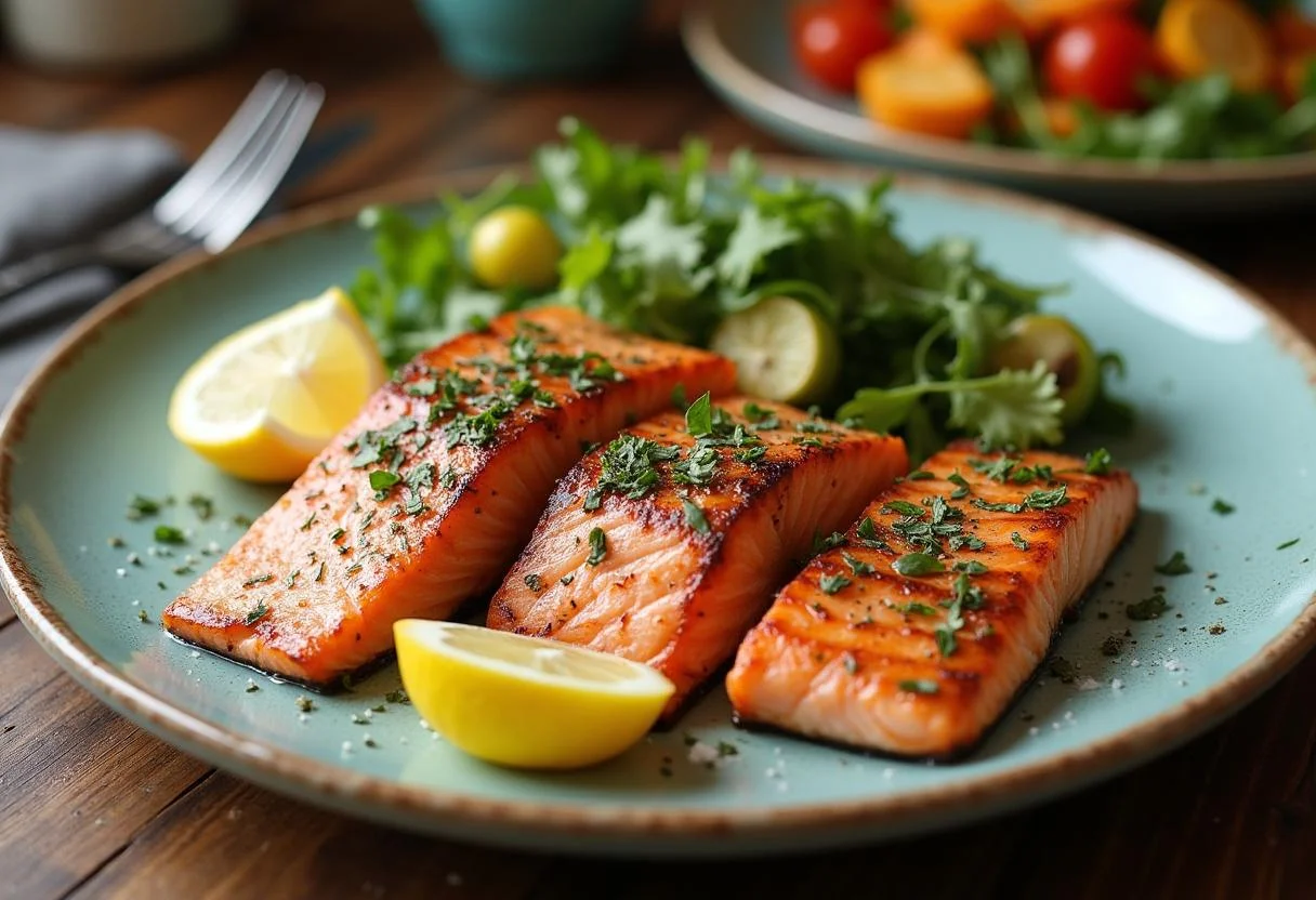 Plated modern family-inspired lemon herb salmon ready to serve for a family meal, highlighting flavors and freshness.
