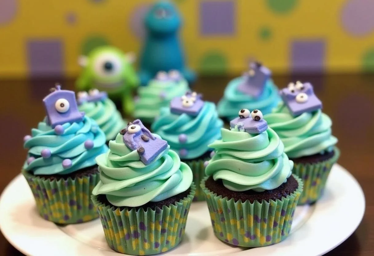 Final presentation of Monsters, Inc. Boo's Doorway Delight Cupcakes showcasing vibrant decorations and a joyful atmosphere.
