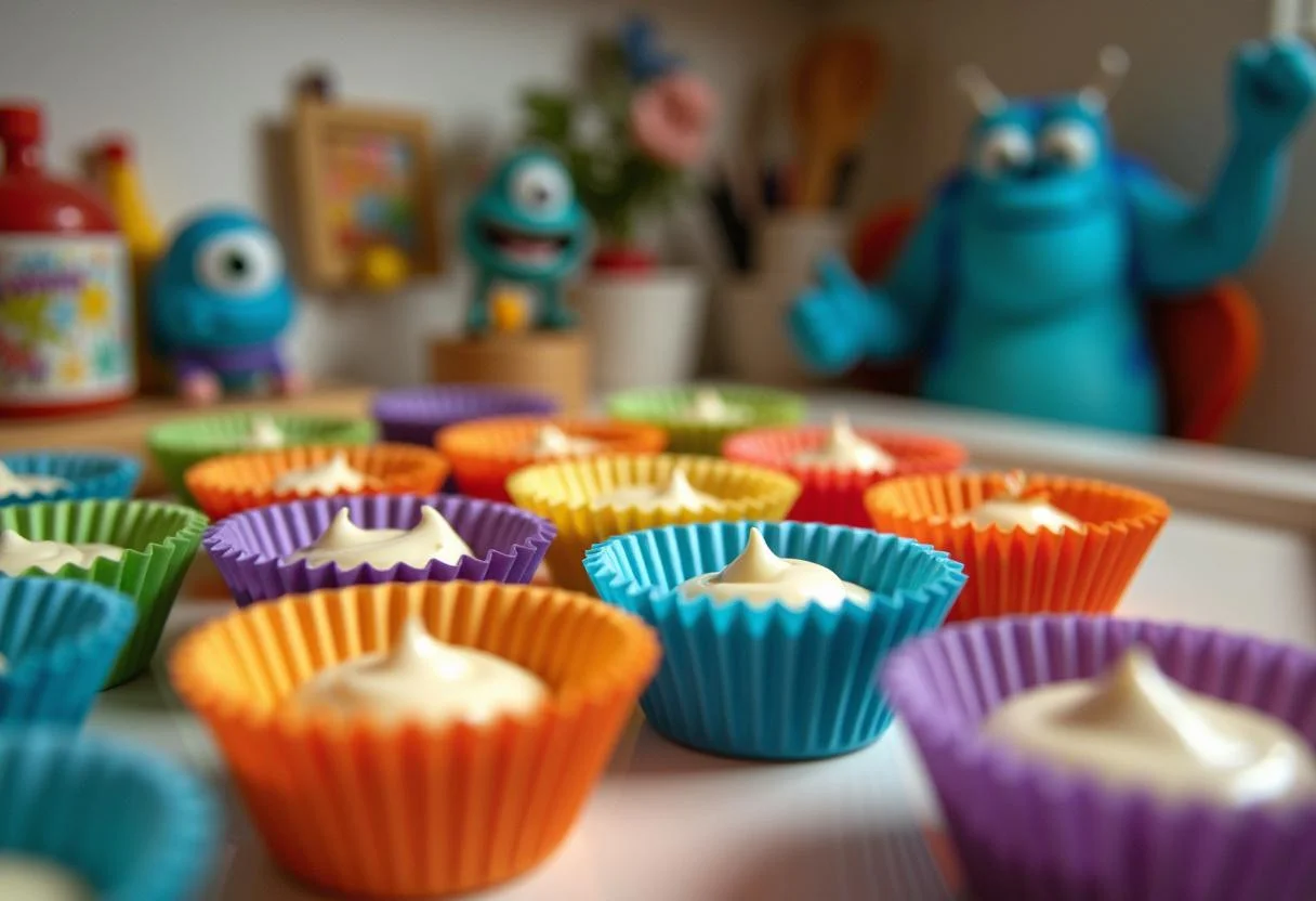 Colorful ingredients for Monsters, Inc. Boo's Doorway Delight Cupcakes, featuring a cheerful kitchen ambiance.