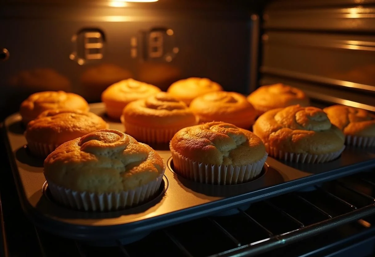 Cupcakes baking in the oven for Monsters, Inc. Boo's Doorway Delight Cupcakes under a timer countdown.