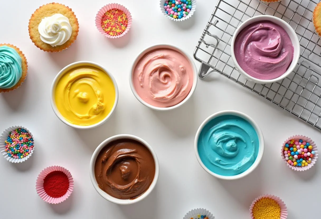 Preparation for decorating Monsters, Inc. Boo's Doorway Delight Cupcakes with colorful frosting and sprinkles.