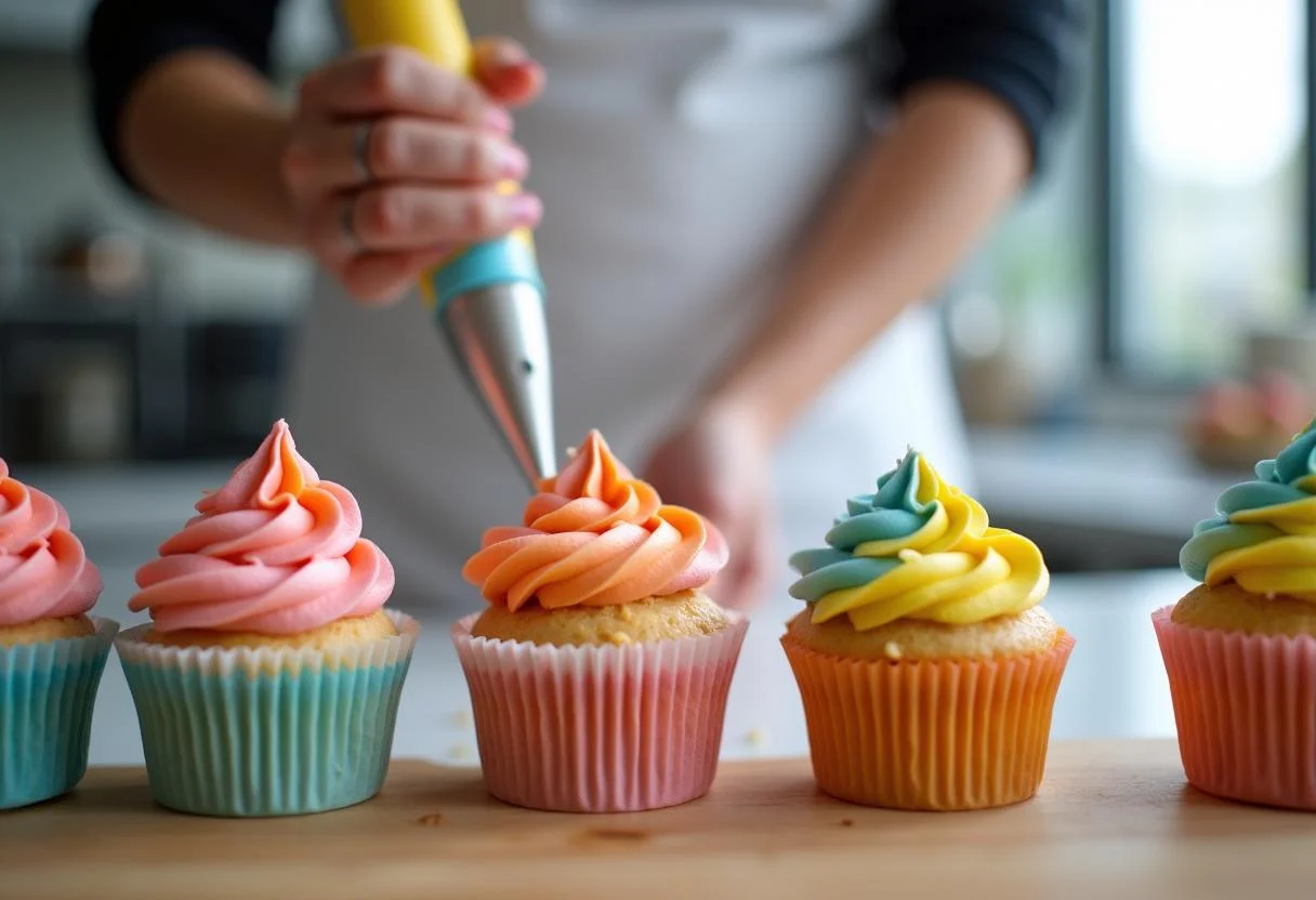 Decorating Monsters, Inc. Boo's Doorway Delight Cupcakes with colorful frosting in a whimsical kitchen environment.