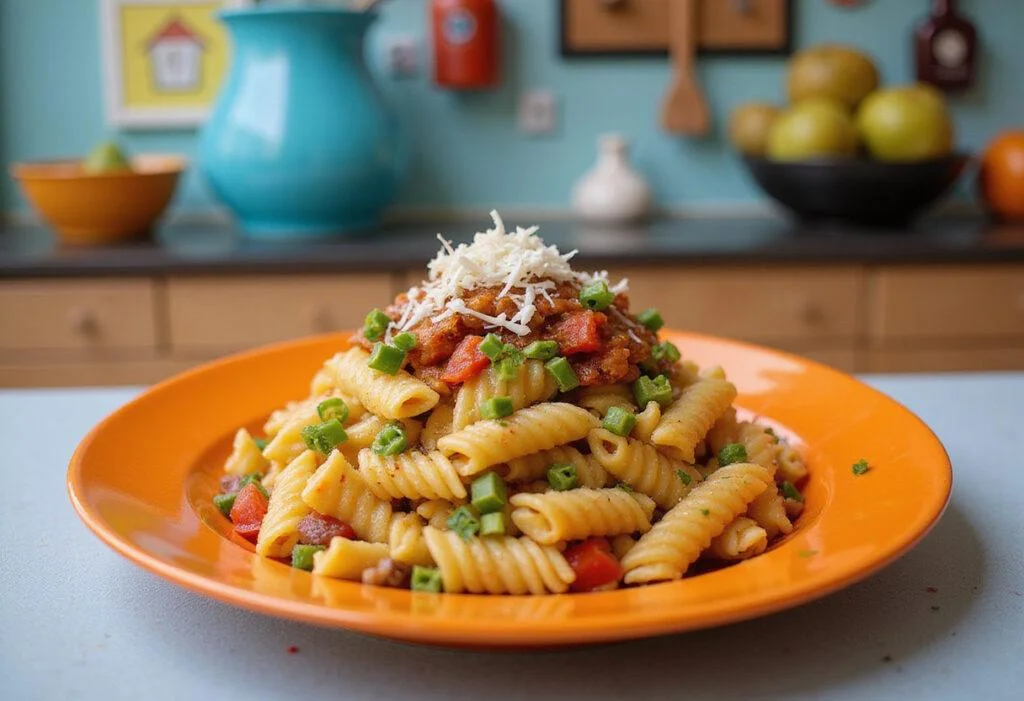 Final presentation of Monsters, Inc. Mike Wazowski's Eye-Popping Pasta Salad in a colorful dish, ready to be served.