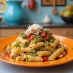 Final presentation of Monsters, Inc. Mike Wazowski's Eye-Popping Pasta Salad in a colorful dish, ready to be served.