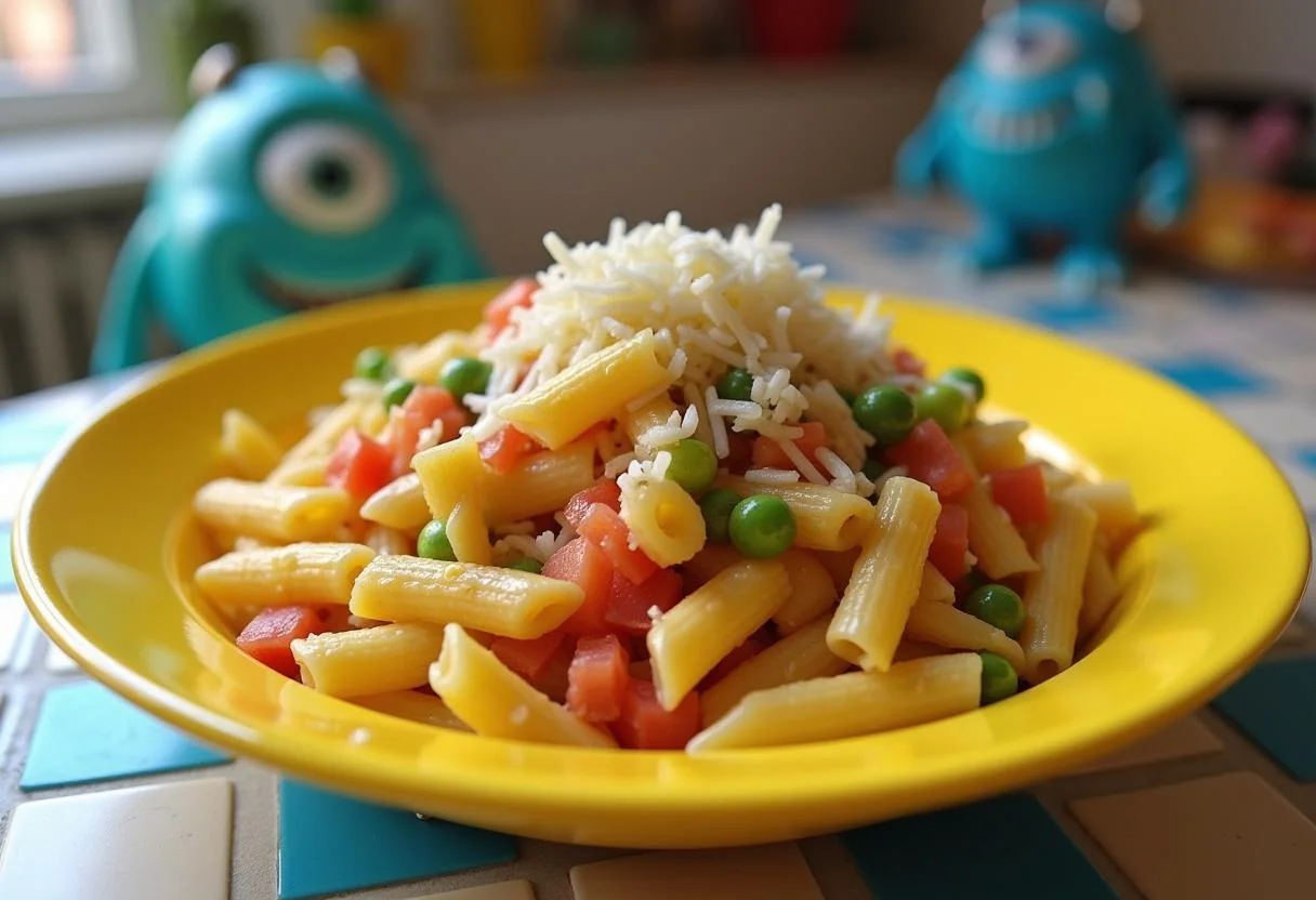 Final presentation of Monsters, Inc. Mike Wazowski's Eye-Popping Pasta Salad in a colorful dish, ready to be served.