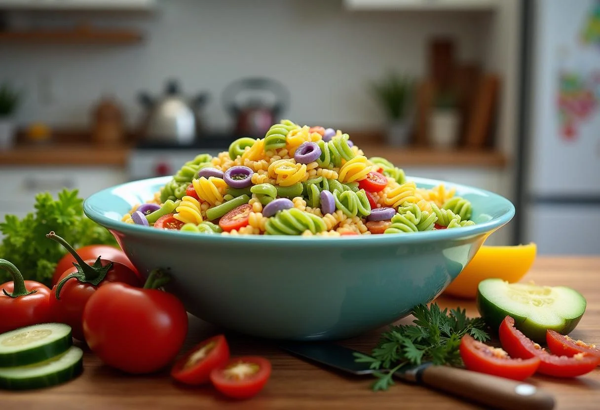 Monsters, Inc. Mike Wazowski's Eye-Popping Pasta Salad ingredients - colorful pasta and fresh vegetables prepared in a bright kitchen.