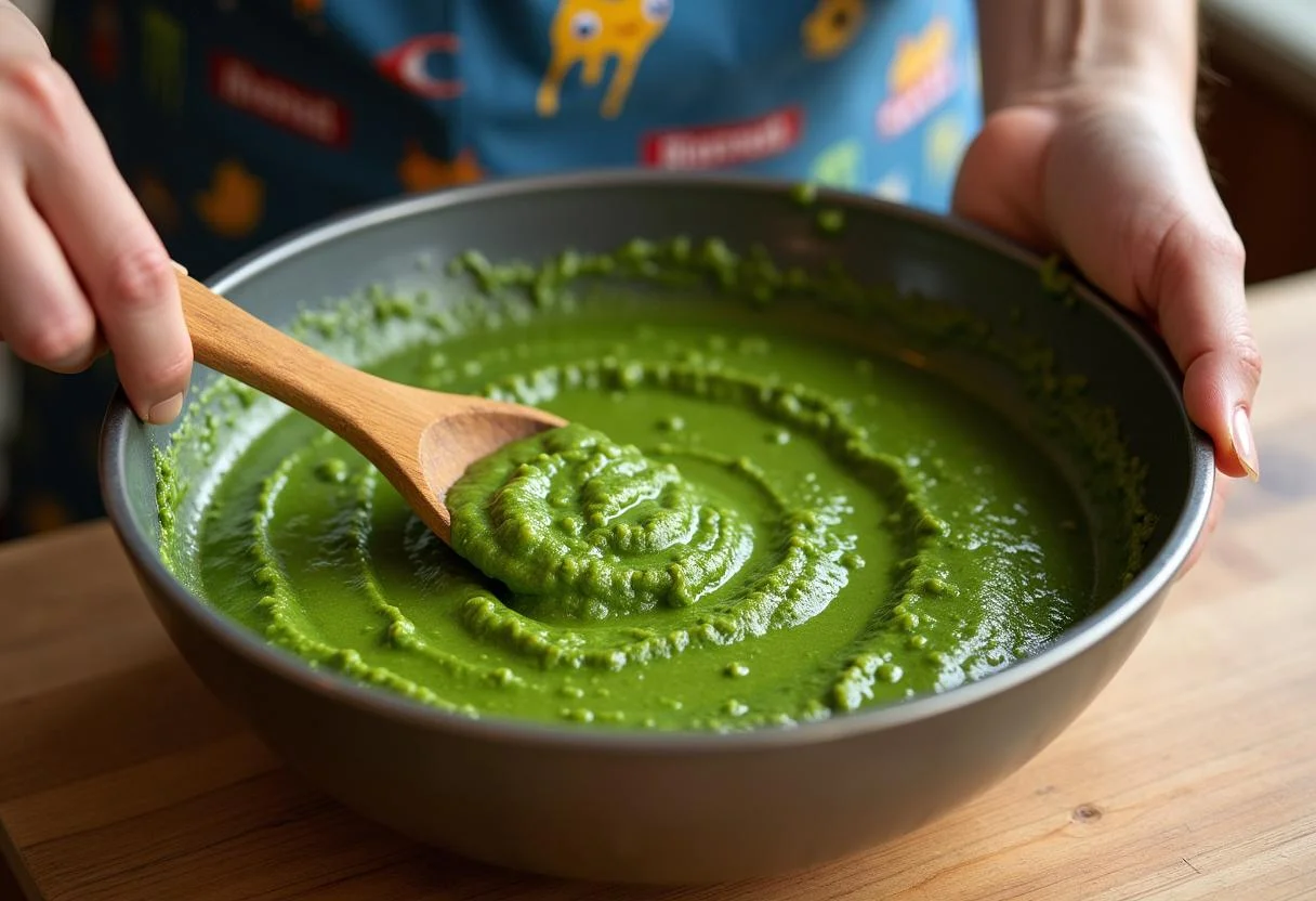 Preparation of Monsters, Inc. Mike Wazowski's Eye-Popping Pasta Salad with vibrant green pesto sauce being mixed in a bowl.