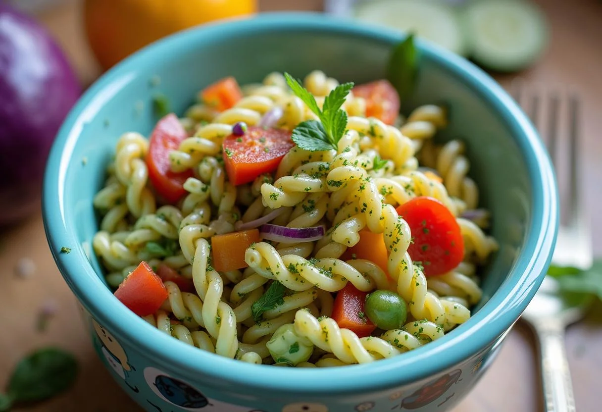 Assembling Monsters, Inc. Mike Wazowski's Eye-Popping Pasta Salad with pasta, vibrant pesto, and vegetables in a themed bowl.