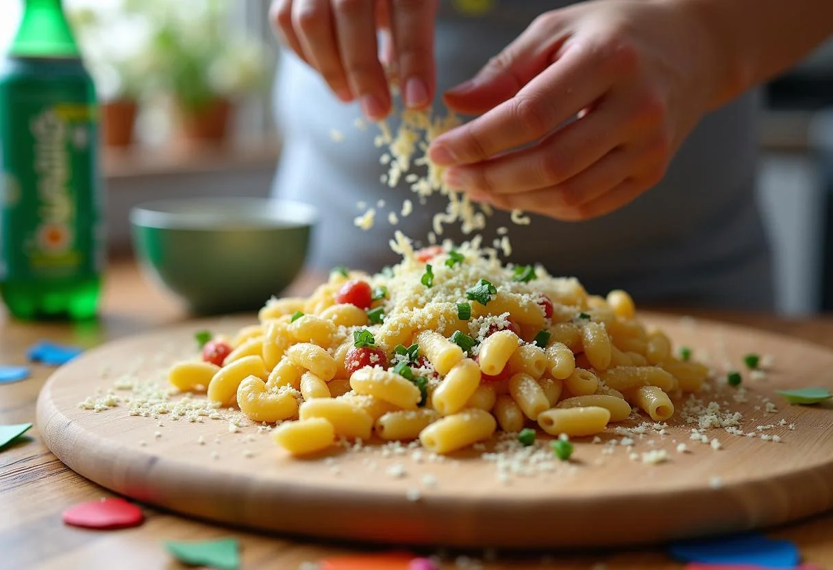 Finishing touches on Monsters, Inc. Mike Wazowski's Eye-Popping Pasta Salad with cheese and herbs on a festive table.