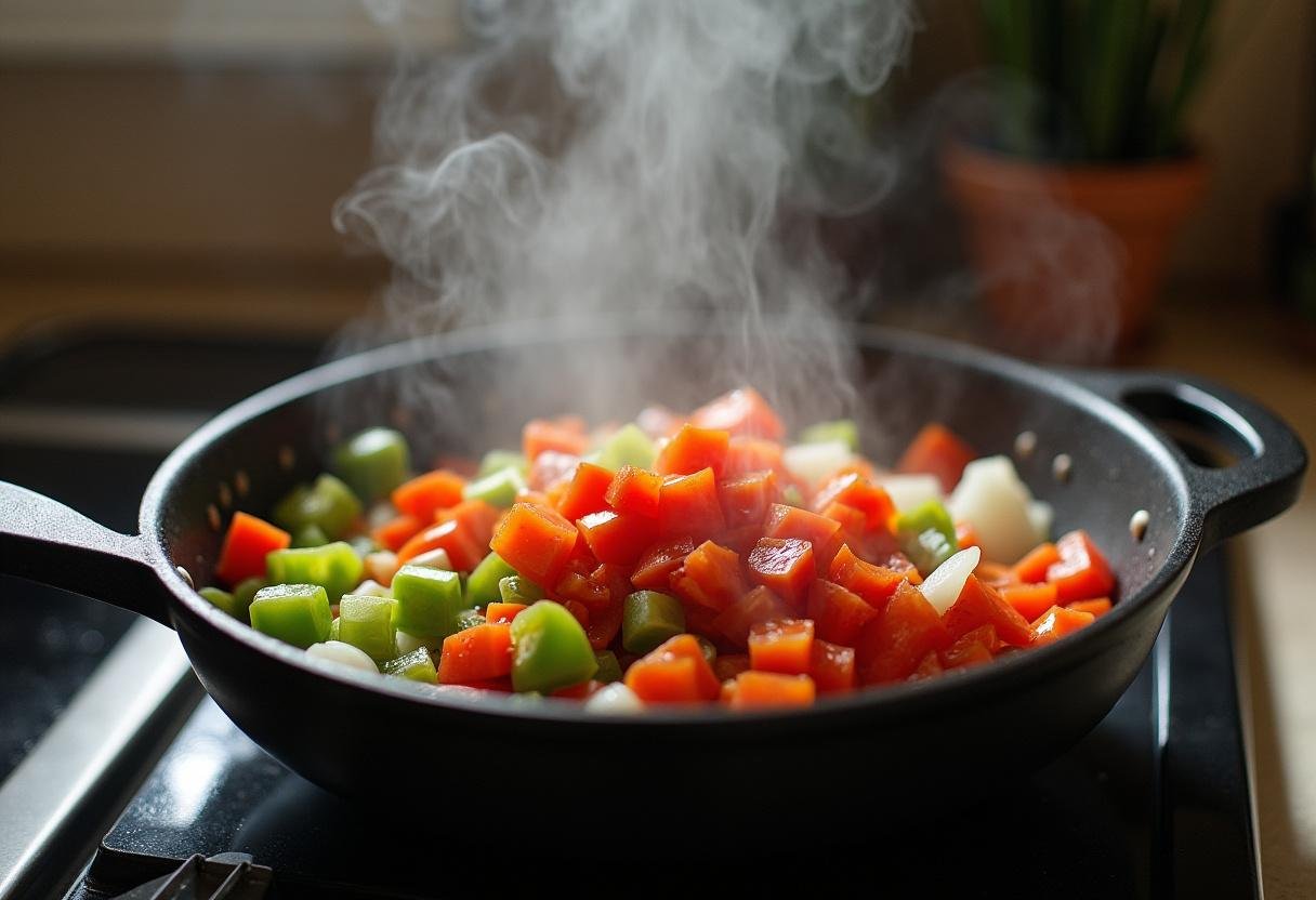 Sautéing vegetables for Monsters, Inc. Randall Boggs' Chameleon Chili, with bell peppers and onions in a pot.