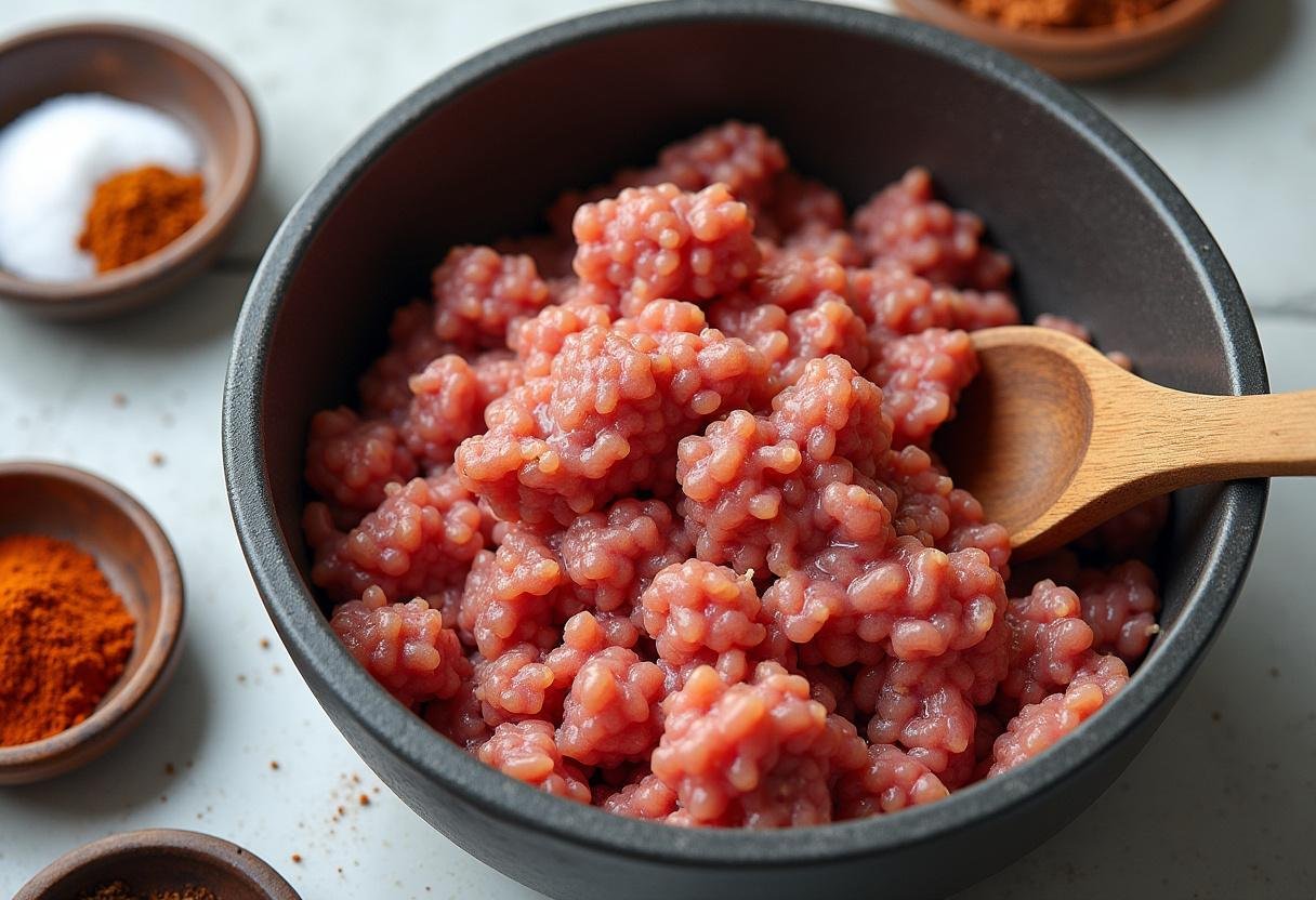 Combining ground meat and spices for Randall Boggs' Chameleon Chili, showcasing the preparation process.