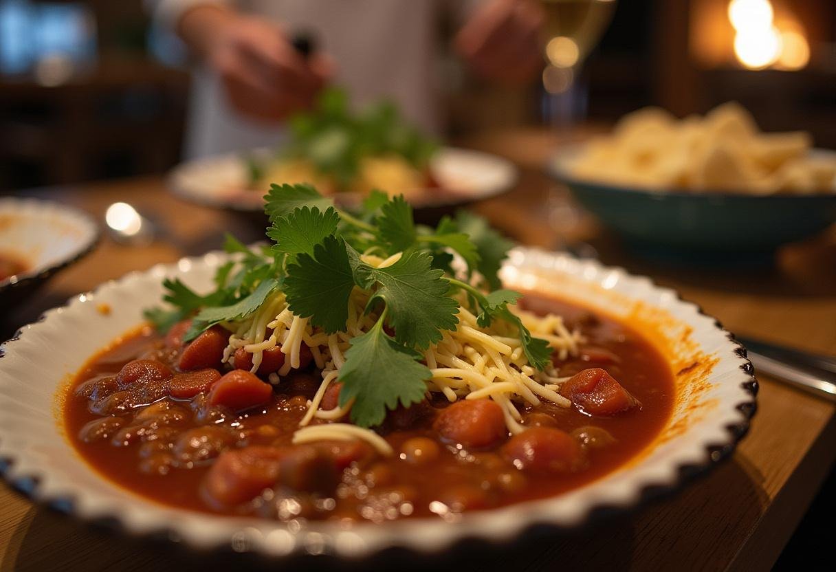 Serving delicious Monsters, Inc. Randall Boggs' Chameleon Chili in bowls with toppings, ready for enjoyment.