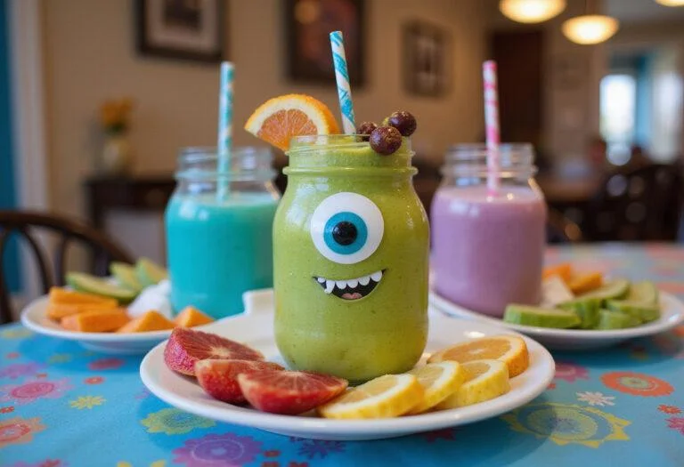 Serving the final Monsters, Inc. Scream Canister Smoothie with a fun presentation and garnishes.