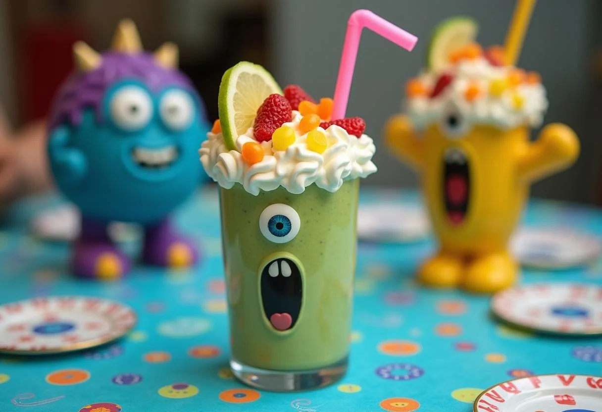 Serving the final Monsters, Inc. Scream Canister Smoothie with a fun presentation and garnishes.