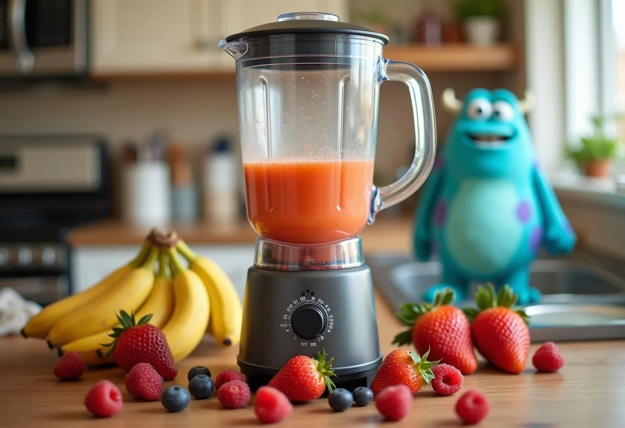 Creating a Monsters, Inc. Scream Canister Smoothie with fresh fruits in a colorful kitchen setting.