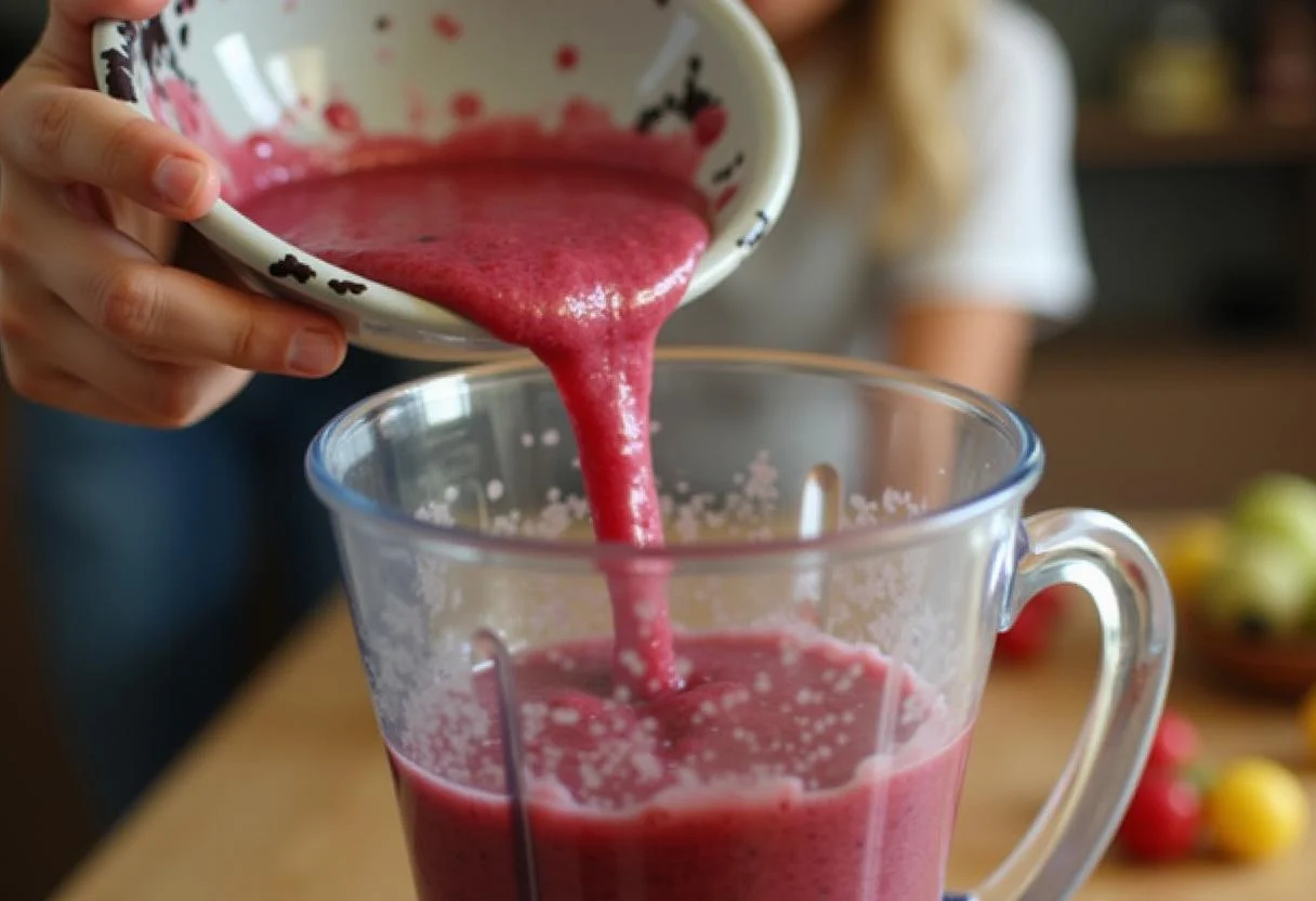 Blending ingredients for a Monsters, Inc. Scream Canister Smoothie with vibrant colors and textures.