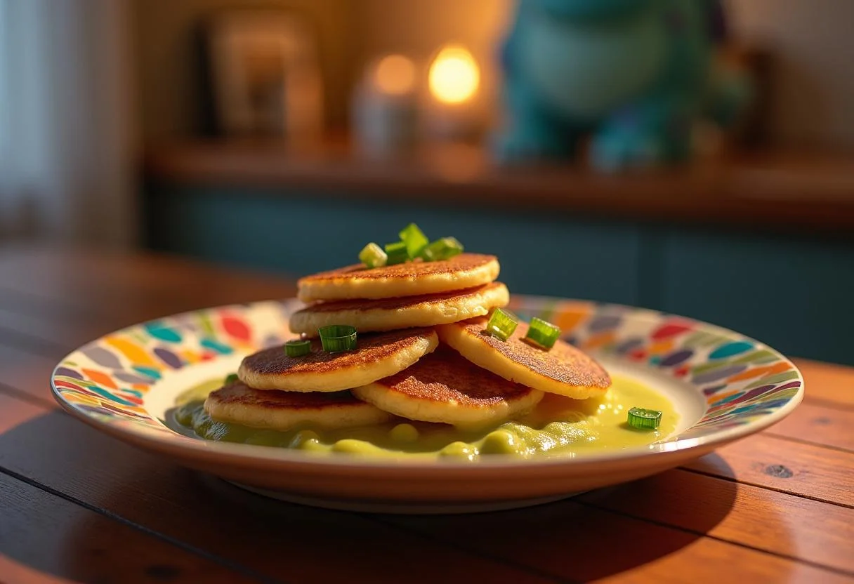 Final presentation of Monsters, Inc. Sulley's Scarer Scallion Pancakes on an elegant table, showcasing the delicious dish prepared.
