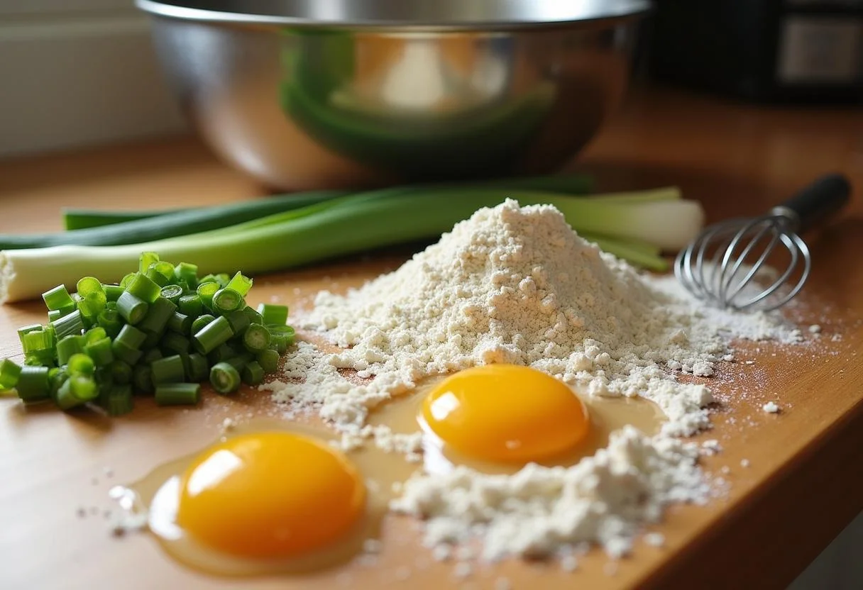 Ingredients for Monsters, Inc. Sulley's Scarer Scallion Pancakes on a wooden countertop including flour, scallions, and eggs.