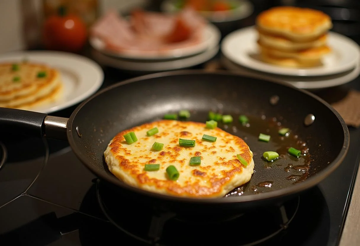 Cooking a scallion pancake in a frying pan for Monsters, Inc. Sulley's Scarer Scallion Pancakes, highlighting the frying process.