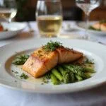 Deliciously plated Mr. and Mrs. Smith Angelina Jolie's Secret Agent Salmon with Roasted Asparagus ready to serve.