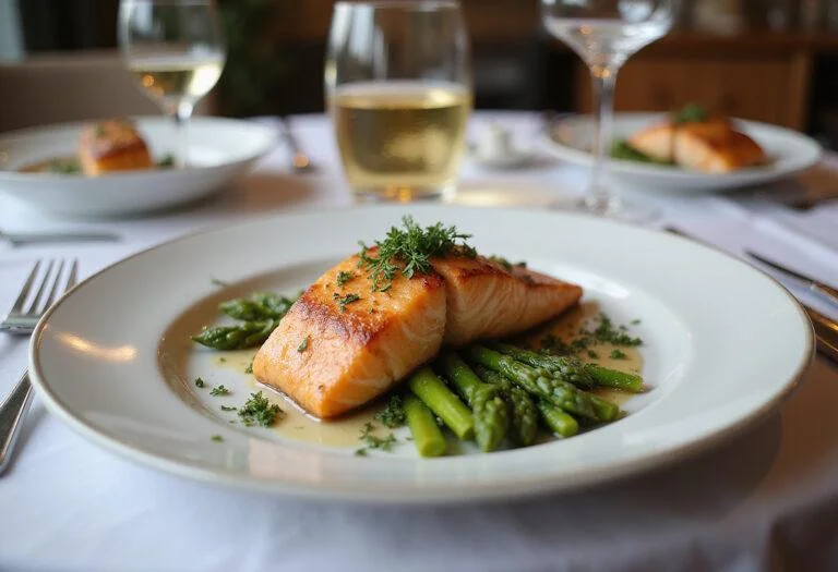 Deliciously plated Mr. and Mrs. Smith Angelina Jolie's Secret Agent Salmon with Roasted Asparagus ready to serve.