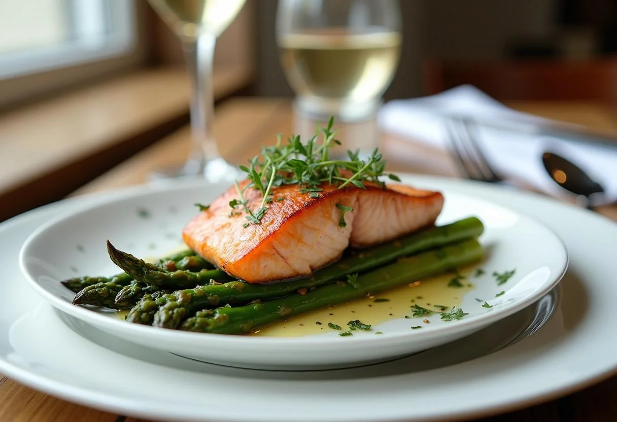 Deliciously plated Mr. and Mrs. Smith Angelina Jolie's Secret Agent Salmon with Roasted Asparagus ready to serve.