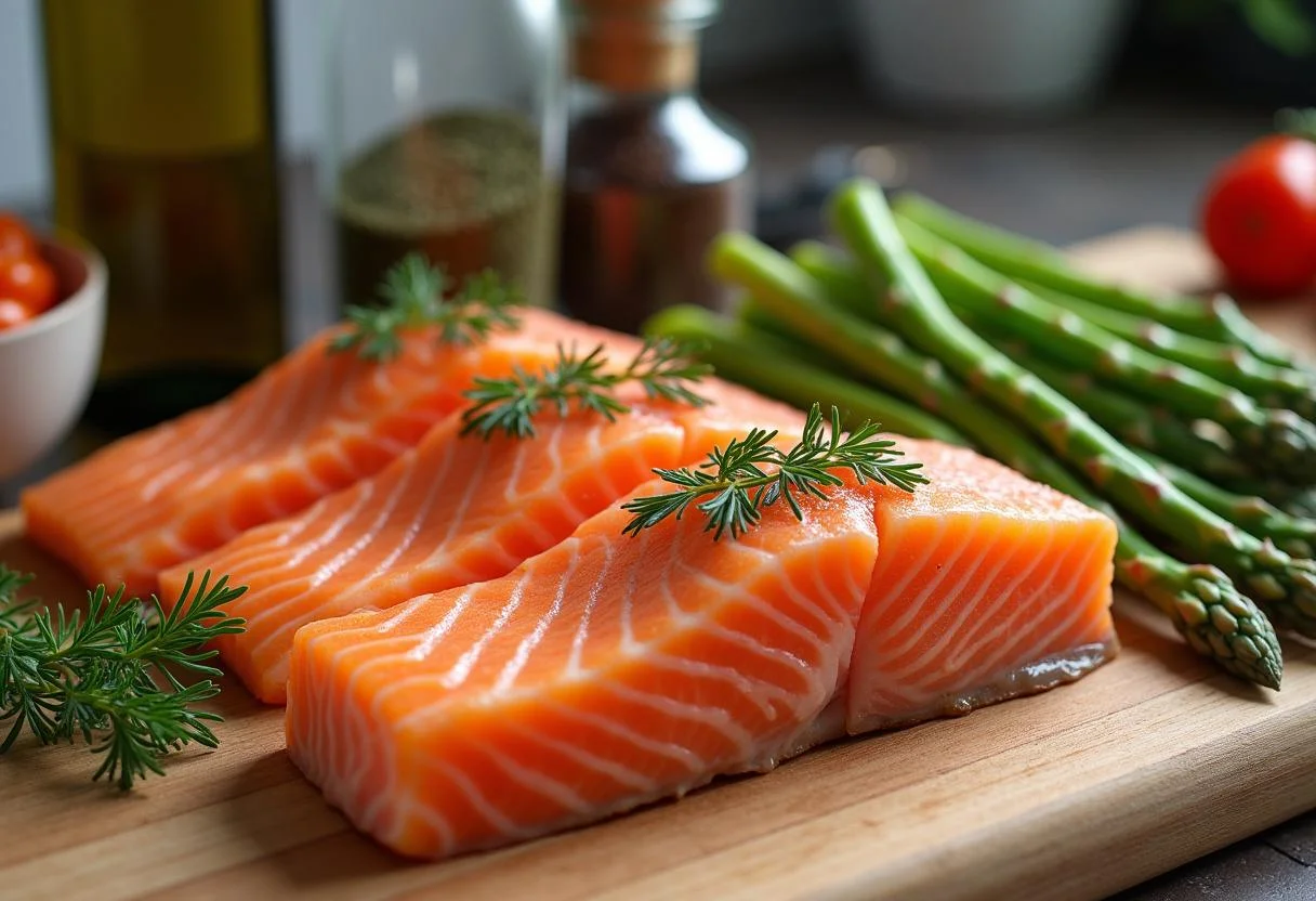 Fresh salmon fillets and asparagus displayed for Mr. and Mrs. Smith Angelina Jolie's Secret Agent Salmon with Roasted Asparagus preparation.