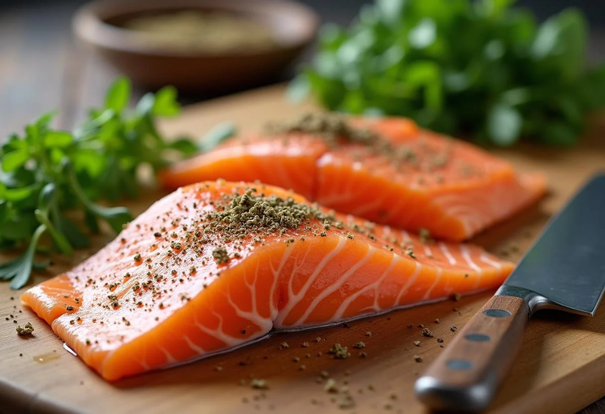 Seasoning salmon fillets for Mr. and Mrs. Smith Angelina Jolie's Secret Agent Salmon with Roasted Asparagus with oil and herbs.