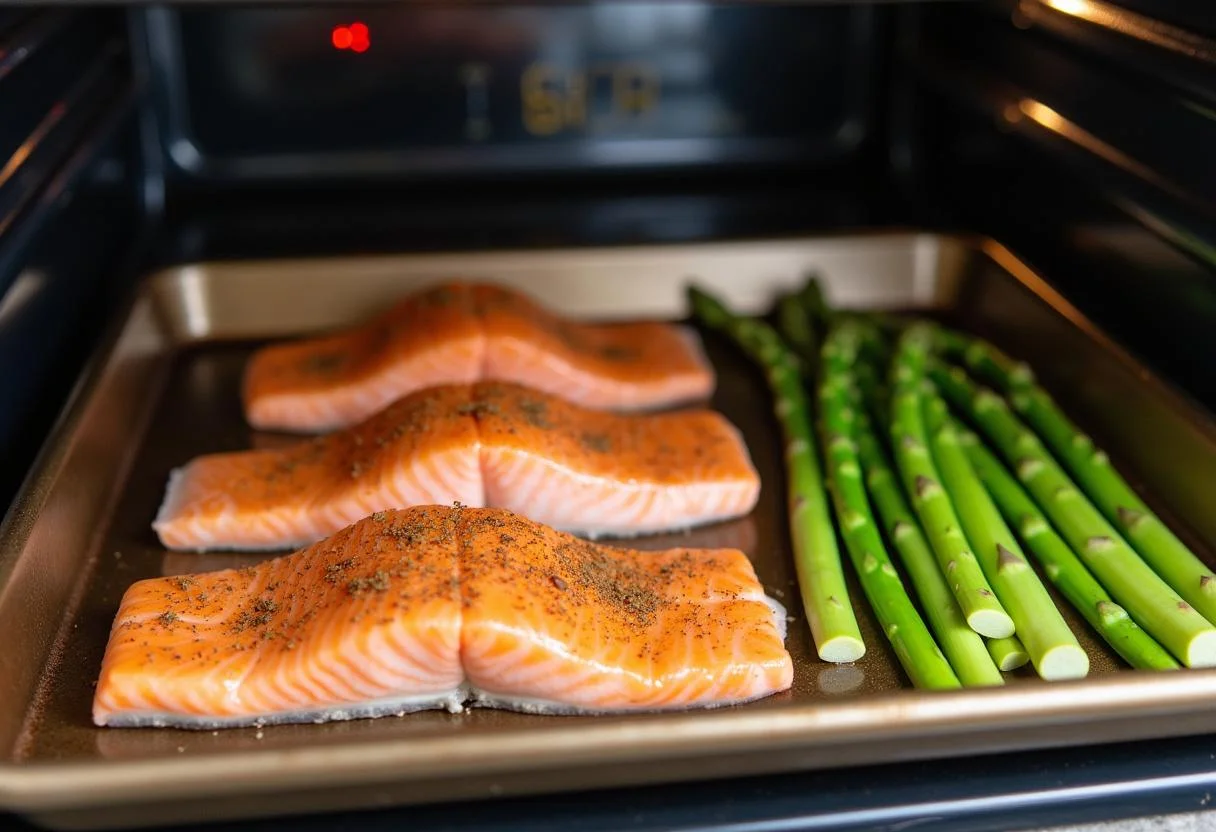 Preparing salmon and asparagus on a baking sheet for Mr. and Mrs. Smith Angelina Jolie's Secret Agent Salmon with Roasted Asparagus.